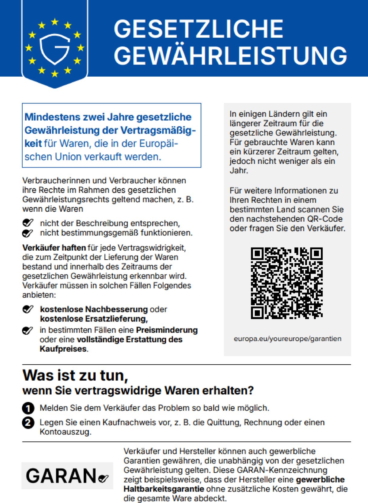 Offizieller EU-Hinweis: Es besteht eine gesetzliche Gewährleistung von mindestens zwei Jahren mit dem Recht auf Abhilfe, Preisminderung oder Vertragsauflösung bei Mängeln.